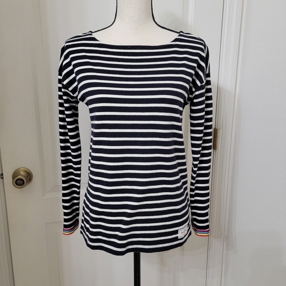 Talbots Size SP 100% Cotton Navy Blue & White Striped Long Sleeve Top - Picture 1 of 13
